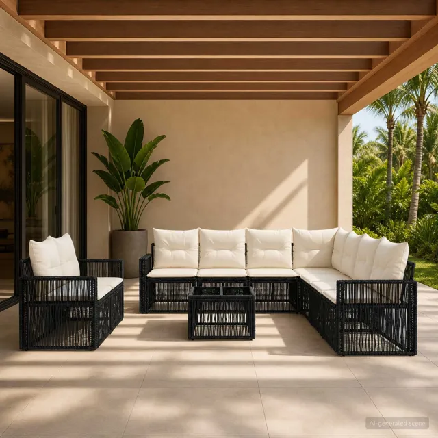 vidaXL Tuinbankenset 10 st 9-zits Zwart en Cream Wit poly rattan, foto 2