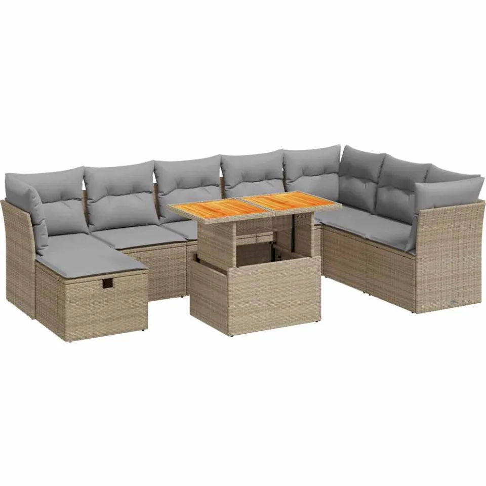 vidaXL 9-delige Loungeset met kussens poly rattan acacia beige, foto 3