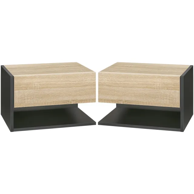 Lunpog Set van 2 hangende nachtkastjes met schuiflade - tweekleurig - in de kleur zwart eiken - wandnachtkastjes van hout