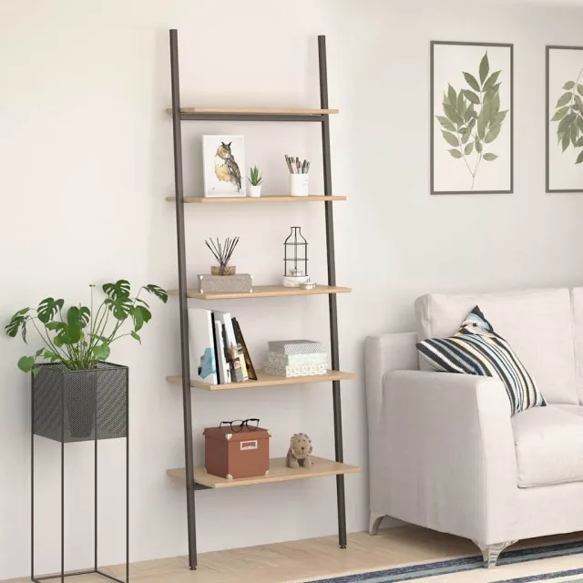 vidaXL Ladderrek met 5 schappen 64x34x185,5 cm lichtbruin en zwart, foto 2