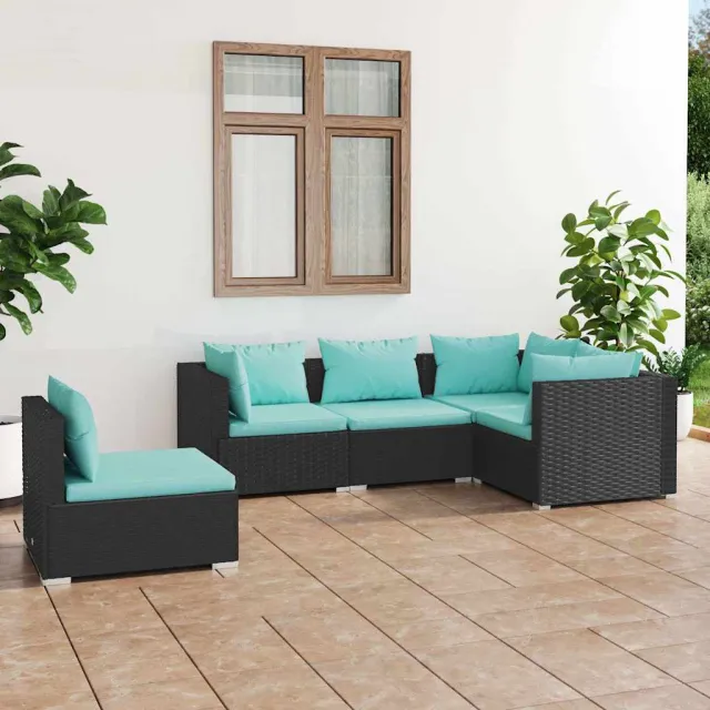 vidaXL 5-delige Loungeset met kussens poly rattan zwart, foto 2