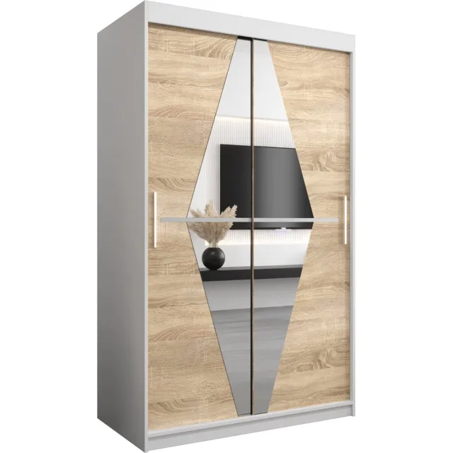 InspireME Kledingkast met 2 schuifdeuren, Modern-stijl, Een kledingkast met planken en een spiegel (BxHxD): 120x200x62 - BOLA 120 Wit Mat + Sonoma Eik