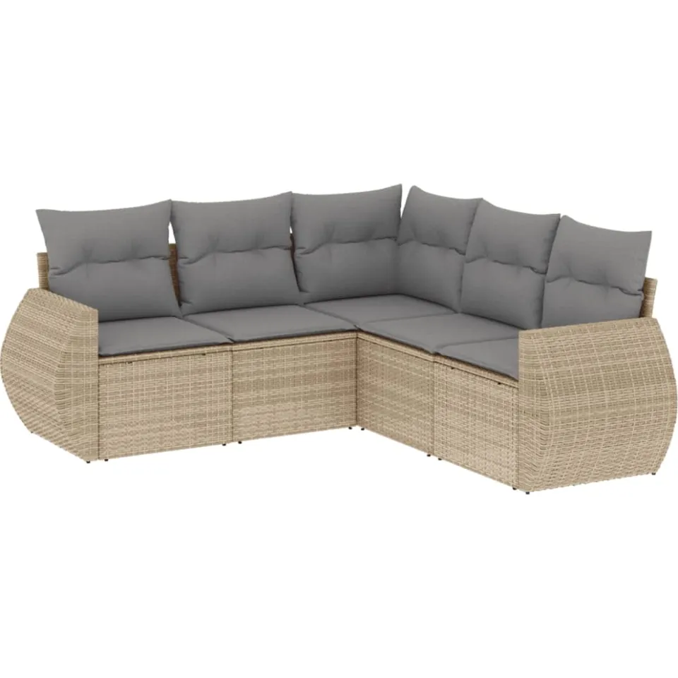 vidaXL 5-delige Loungeset met kussens poly rattan beige, foto 3