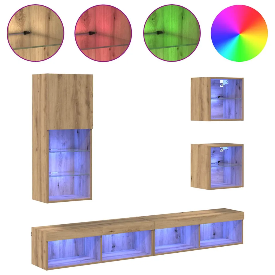 vidaXL TV Wand Eenheden met LED 5 st Artisan Eiken 100 x 30 x 30 cm, foto 4