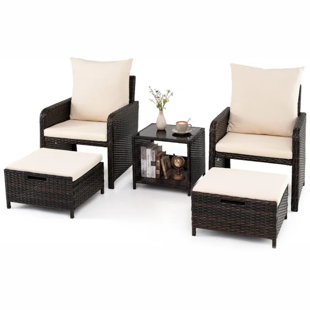 Costway 5-delige balkonmeubelset, tuinmeubelen van PE-polyrotan, balkonset incl. 2 stoelen met kussens, kruk en tafel, terrasmeubels, tuinset, zitgroep voor tuin, balkon, terras beige