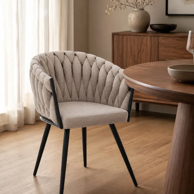 The Seats Eetkamerstoel Beau – Luxe Armstoel in Linnen Stof – Gevlochten Rugleuning Naturel