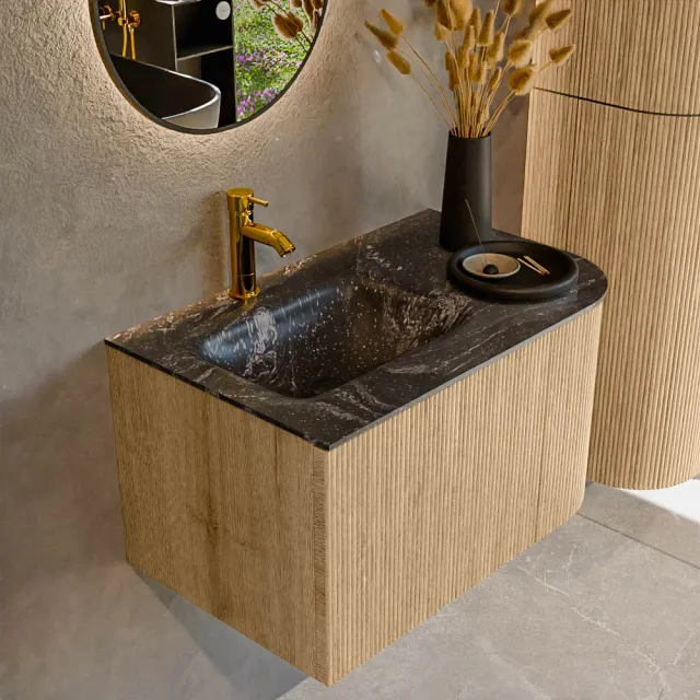 Mondiaz KURVE-DLUX 75 cm Onderkast Greeploos 1 Lade Met Deuren Oak, Wastafel Solid Surface Links Lava 1 Kraangat Zonder Spiegel (KRVGRU75R1L1D1KL-Oak/Lav)