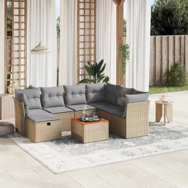 vidaXL 8-delige Loungeset met kussens poly rattan gemengd beige, foto 2