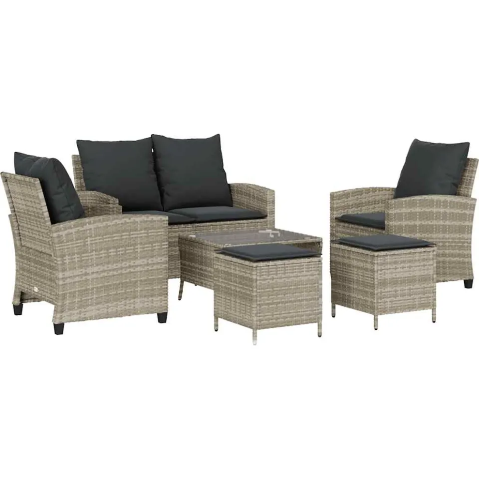 vidaXL 6-delige Loungeset met kussens poly rattan lichtgrijs grijs