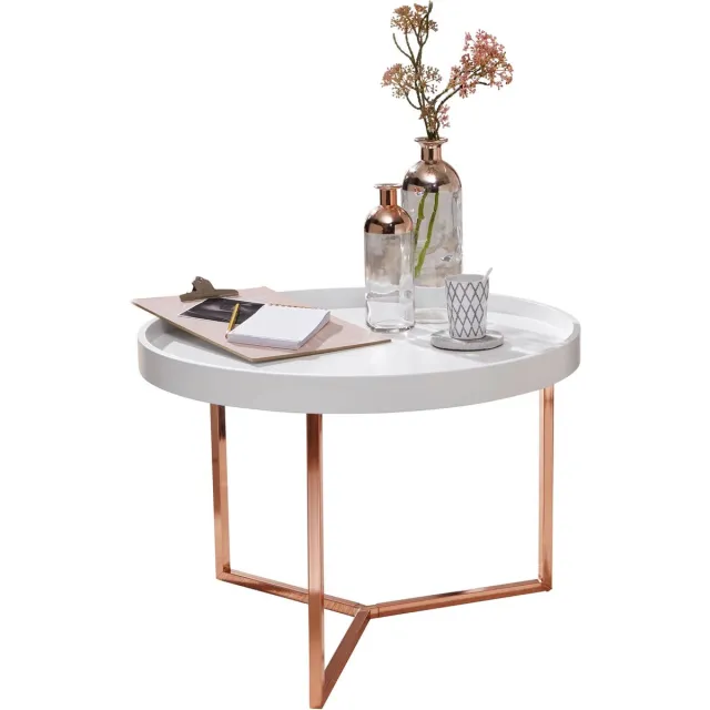 Sky Style salontafel EVA 58,5x42x58,5cm wit / koperen salontafel metaal rond | Design retro salontafel modern | Kleine loungetafel met metalen frame | Ronde dienbladlijst met houten plaat