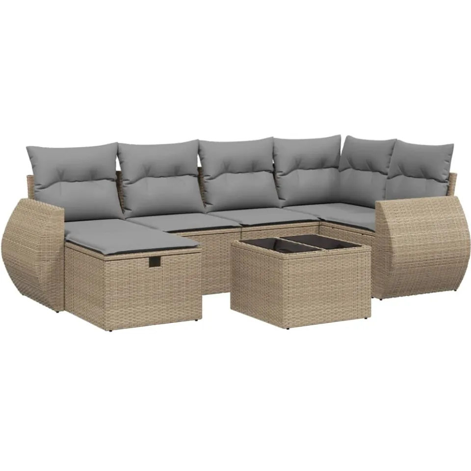 vidaXL 7-delige Loungeset met kussens poly rattan gemengd beige