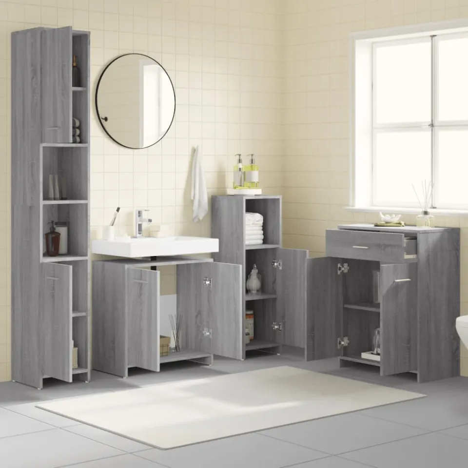vidaXL 4-delige Badkamermeubelset bewerkt hout grijs sonoma eikenkleur, foto 3