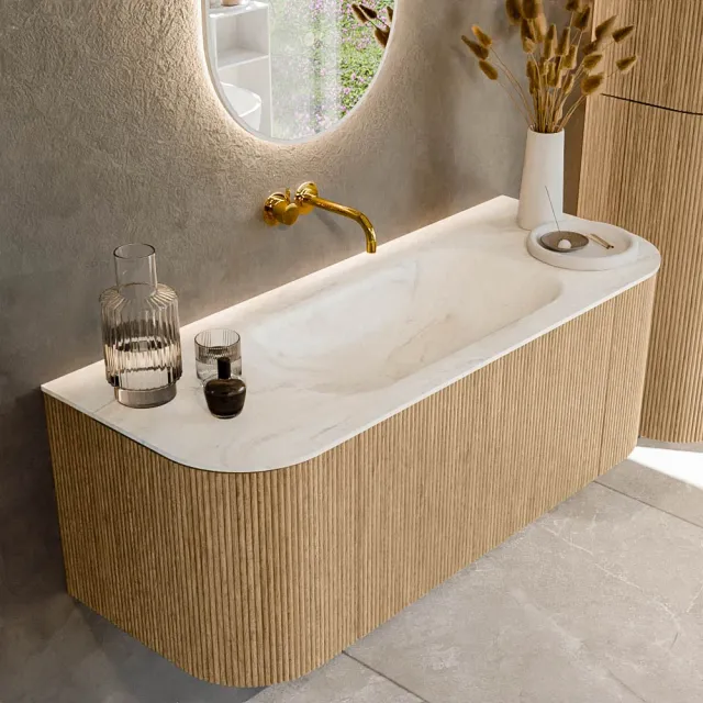 Mondiaz KURVE-DLUX 120 cm Onderkast Greeploos 1 Lade Met Deuren Oak, Wastafel Solid Surface Midden Ostra 0 Kraangaten Zonder Spiegel (KRVBGS120L+R1L2D0KM-Oak/Ost)