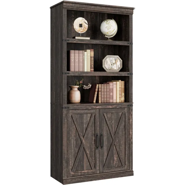 Triumpunpre Boekenkast 5 Lagen met Deuren - 80x32.7x174.5cm - Houten Opbergkast - Halfgesloten Boekenkast - Voor Woonkamer Slaapkamer Kantoor - Donker Eiken