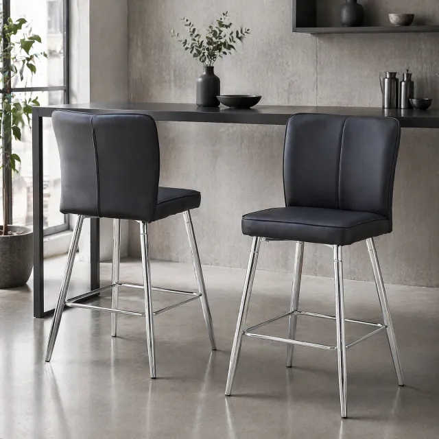 MEUNIQ barkruk set van 2, 101 cm hoog, met rugleuning en voetensteun, PU leer en metaal, barhoogte, zwart/zilver Black