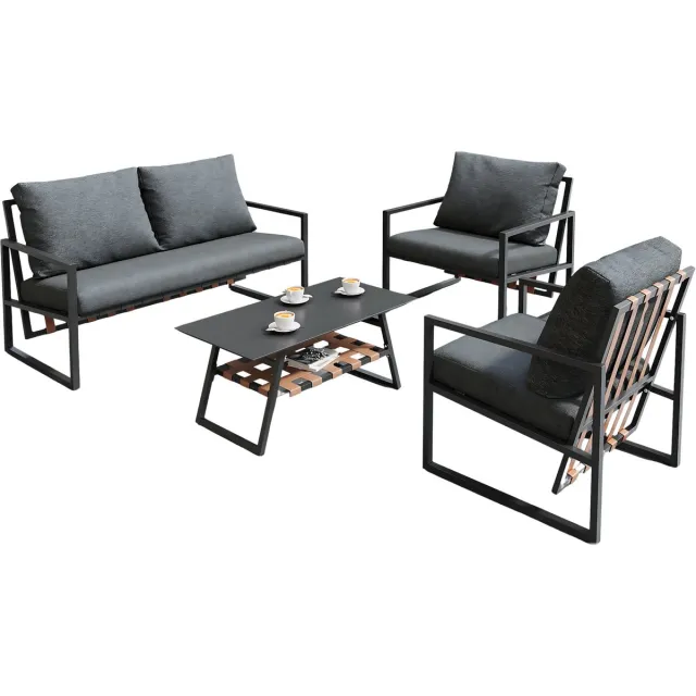 Happiq 4-delig Tuin Loungeset - Tuinmeubelset - Voor Buitenruimte - Comfortabele Sofa met Tafel & Kussens - Zwart met Afneembare Hoezen Grijs