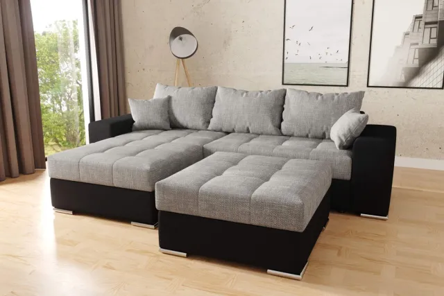 Seatsandbeds hoekbank josua L +poef- zwart+grijs- met opbergruimte en slaapfunctie-seatsandbeds
