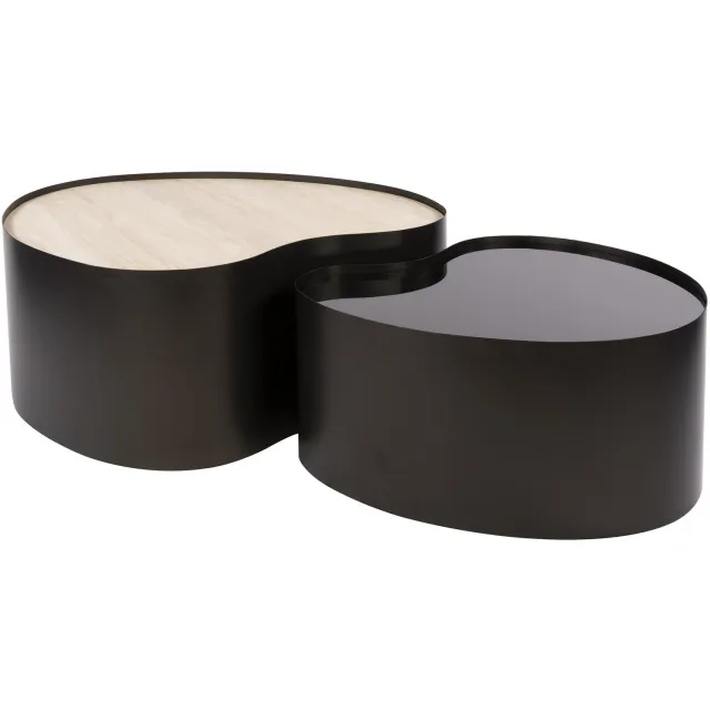 Nest of Nora Set van 2 - Nest of Nora Salontafel Trevi - Organische vorm - Keramiek travertin-stijl en rookglas - Salontafelset / bijzettafel / nestende salontafels Brons