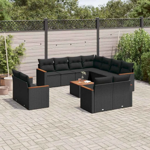 vidaXL 12-delige Loungeset met kussens poly rattan zwart, foto 2