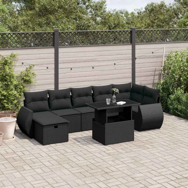 vidaXL 8-delige Loungeset met kussens poly rattan zwart, foto 2