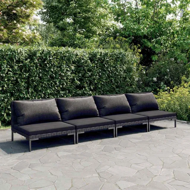 vidaXL 4-delige Loungeset met kussens poly rattan donkergrijs grijs, foto 2