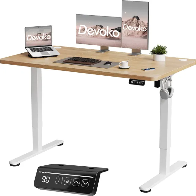 Devoko Elektrisch Verstelbaar Bureau 120x60 cm – Stille Motor met Geheugenfunctie – 4 Knoppen Handbediening – Compact Bureau – Beige