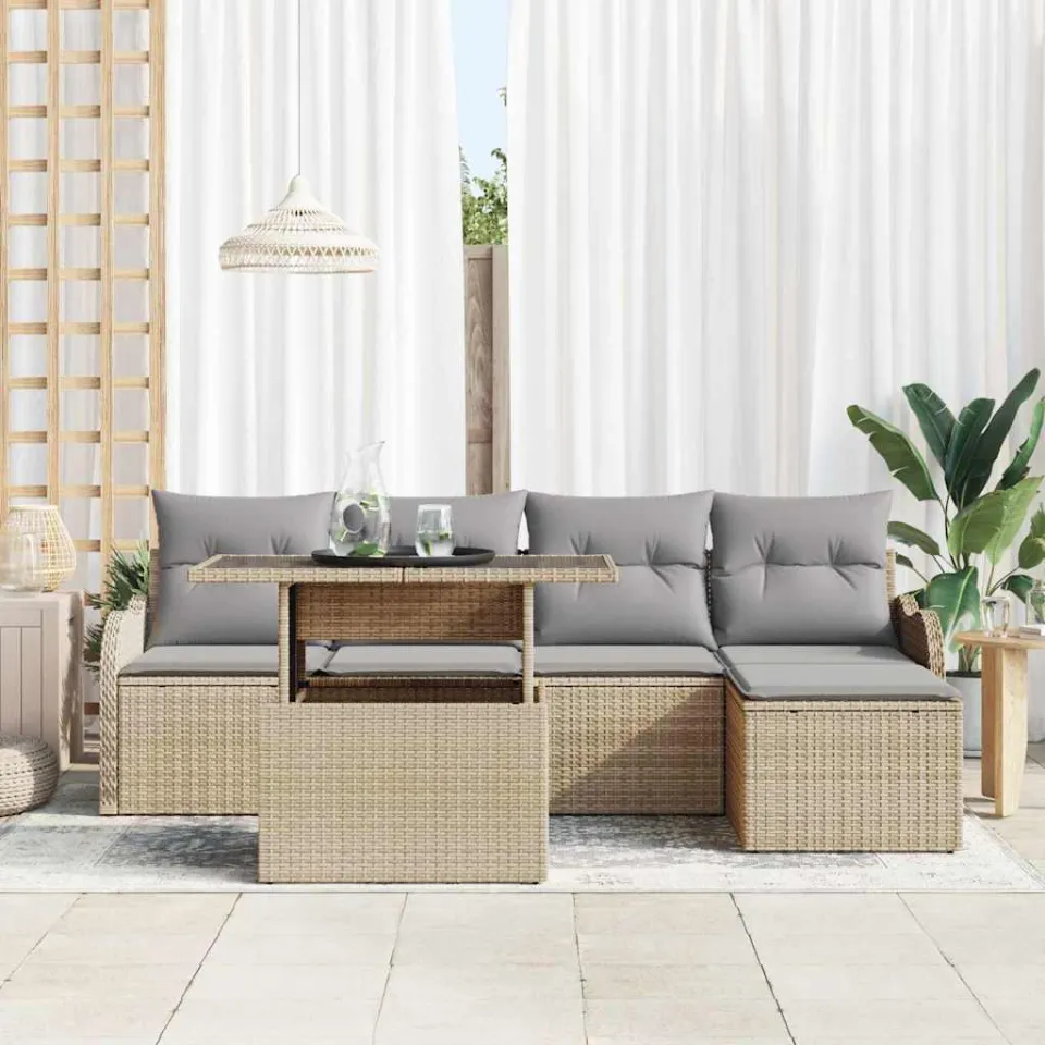 vidaXL Buiten Zitmeubelset 6 st Beige Poly riet, foto 3