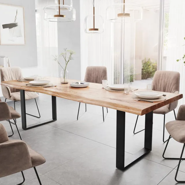DELIFE Eetkamertafel Classic-Edge acacia natuur 260x100 Frame schuin metaal zwart Bruin