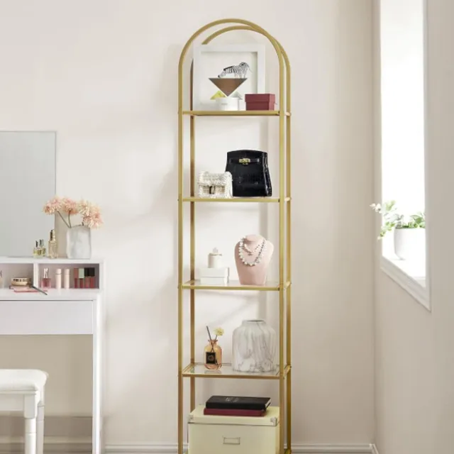 Orion Store Boekenkast 5 Tier Geharde Glazen Planken Opslagplank Boog Metalen Structuur voor Woonkamer Slaapkamer Studie Badkamer Metaal Goud Transparant - 30,2cm x 40cm x 183,5cm