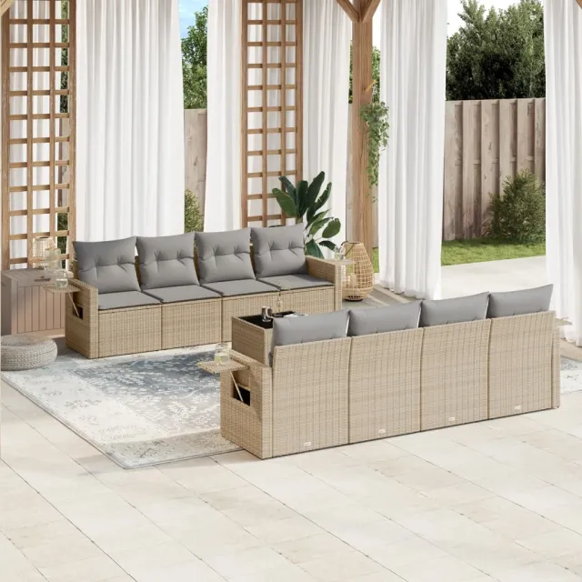 vidaXL 9-delige Loungeset met kussens poly rattan beige, foto 2