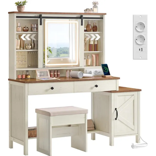 Sierra , LIRY Collectie - Kaptafel met spiegel en verlichting, kaptafel in landelijke stijl met kruk, oplaadstation, 2 lades, sieradenopbergruimte, vintage wit en honingbruin RDT136W01
