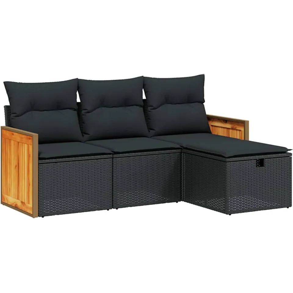 vidaXL 4-delige Loungeset met kussens poly rattan zwart, foto 3