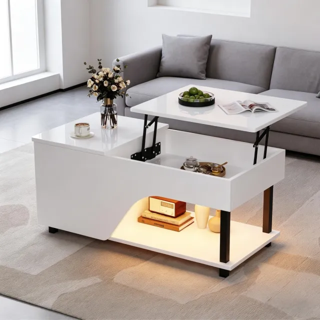 CHICFURN Salontafel - Hoogteverstelbaar - Opbergruimte - Metalen poten - Wit