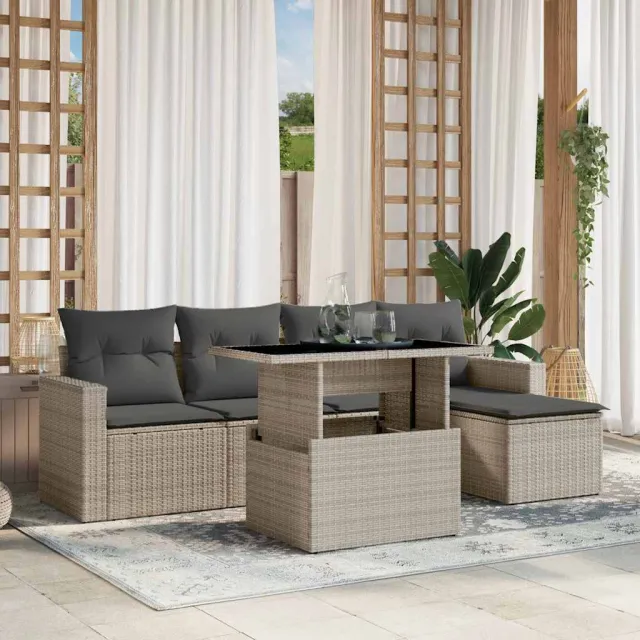 vidaXL 6-delige Loungeset met kussens poly rattan lichtgrijs grijs, foto 2
