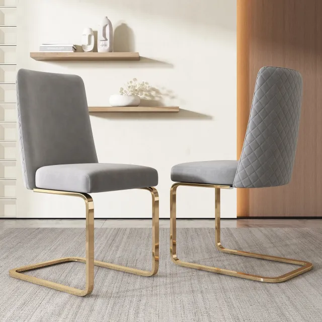 MIVRAY Eetkamerstoel Set Van 2 - Fluwelen Bekleding Met Ruitrugleuning - Comfortabele Loungezitting - Metalen Poten - Voor Woonkamer - Grijs