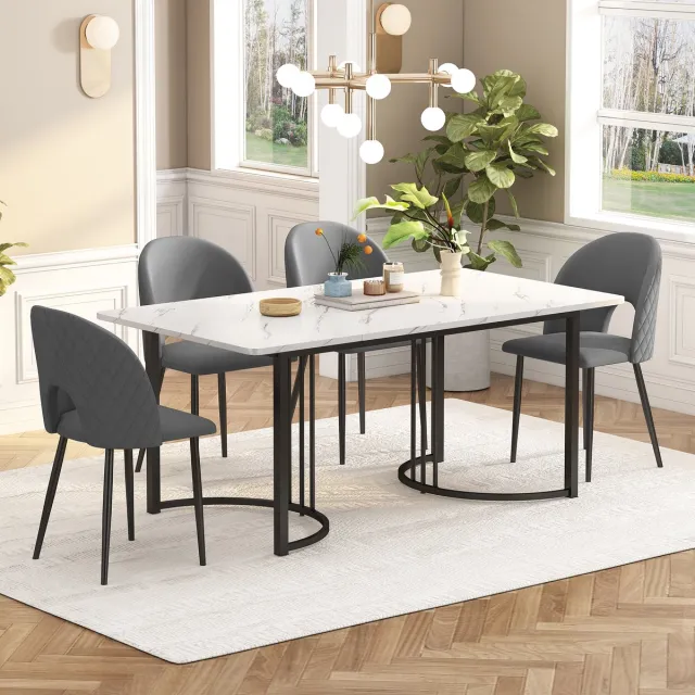 MODFU 5-Delige Eethoek - Eettafel Met 4 Stoelen - Modern - Voor Keuken En Eetkamer - Fluweel En MDF - Grijs En Wit - 140 X 80 Cm