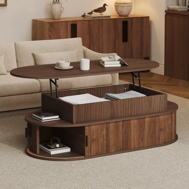 FloraGrace Ovale Salontafel - Hydraulisch Verstelbaar Met Opbergruimte - voor de Woonkamer - MDF in Notenlook - 100x50x40 cm Walnootkleur
