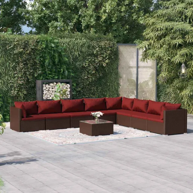 vidaXL 9-delige Loungeset met kussens poly rattan bruin, foto 2