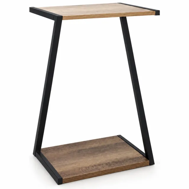 HEM Bijzettafel 29 x 20 x 50 cm - Plantentafel - Campingtafel - Zwart Metaal en MDF - Met Microvezeldoekje Bruin