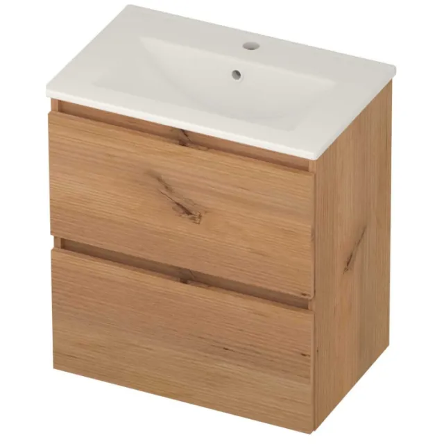 Basic-Line Score 39 Badmeubelset Porselein 1 Kraangat Greeploos 60x39x62 cm Whisky Oak Glans Wit