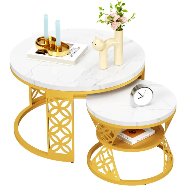 Maisentiel Ronde salontafelset, 2-delig - Ø 70/45 cm - hoogglans marmerlook - metaal - goud/wit