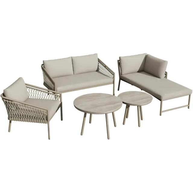 Happiq Tuinmeubelset - Loungeset - Tuinlounge Lounge Set - Lounge Set - Voor Tuin, Terras of Balkon - 2-Zits Sofa, 2 Fauteuils & Salontafel - Handgeweven Touw, Houtlook & Glasplaat - Gegalvaniseerd Staal Grijs