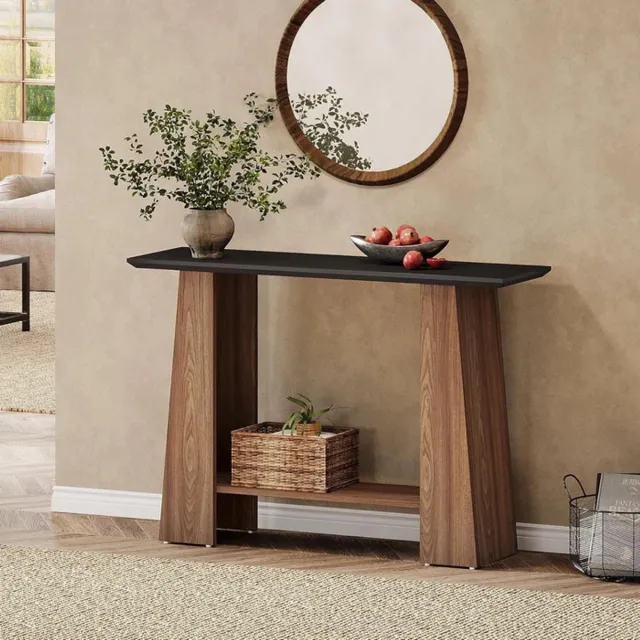 Little Trees LITTLE TREE Mid-Century Sidetable - 120 x 35 x 90 cm - 2 Laags Houten Haltafel - Met Opbergrek - Voor Gang, Foyer en Woonkamer - Bruinzwart