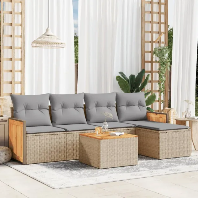 vidaXL 6-delige Loungeset met kussens poly rattan beige, foto 2