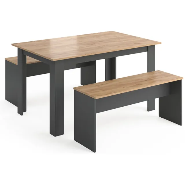 Vicco Sentio Eettafel set – 137.6 x 92.8 cm met 2 banken Antraciet/gouden eik Antraciet/Goudkleurig Eiken