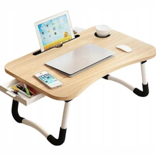 meerklose Bedtafel voor laptop, iPad, tablet, boek, huiswerk of ontbijt op bed / Opvouwbare laptop tafel met bekerhouder / 60x40x28 / hout lichbruin