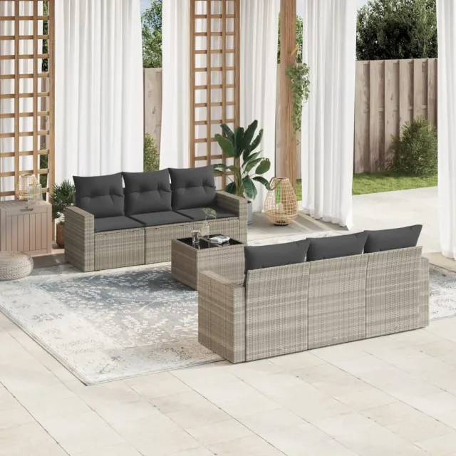 vidaXL 7-delige Loungeset met kussens poly rattan lichtgrijs grijs, foto 2