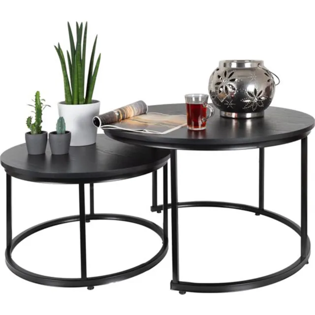 Casamoda Salontafel set van 2 – ø 58/75 cm - Hoogte 36/45 cm - Bijzettafel Rond - Salon tafel Industrieel - Tafelblad Hout - Salontafel Zwart