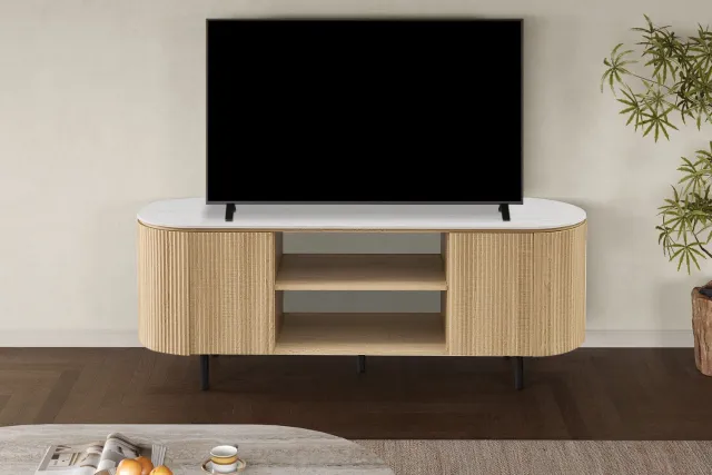 Rousseau Vigo TV-meubel – 160 cm – Naturel Eikenlook met Grijs Travertinlook Blad – Afgerond Retro Design Eik naturel