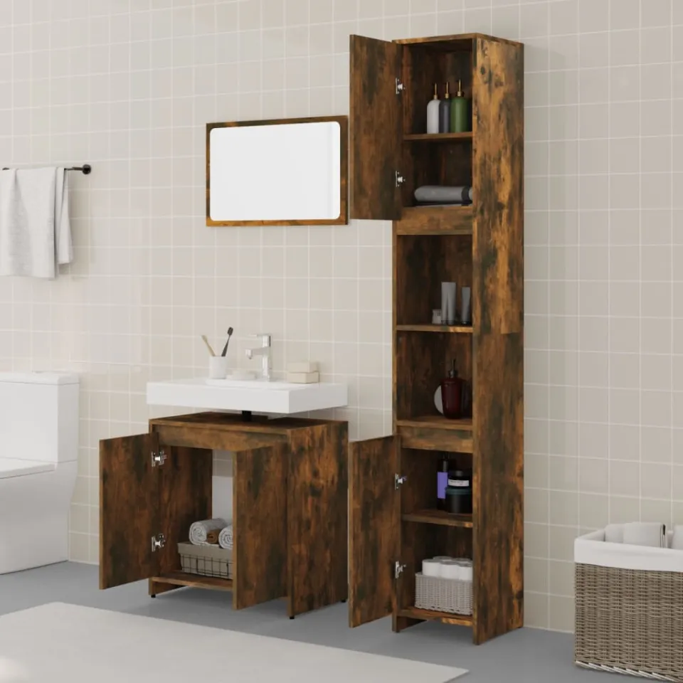 vidaXL 3-delige Badkamermeubelset bewerkt hout gerookt eikenkleurig, foto 3